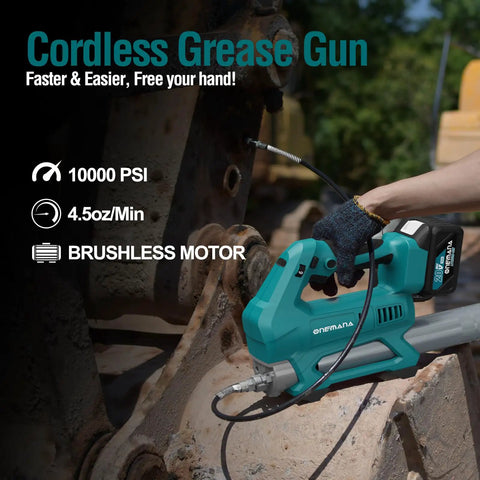 Cordless Grease Gun 10,000 PSI High Flow Electric Lubrication Tool, 20V Battery, 40 Inch Hose, 6 Speed Trigger in use on machinery