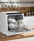 Easy Setup Countertop Dishwasher With Smart Delay Timer And Zero Plumbing Hookups Required, compact design holding plates and glasses.