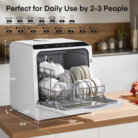 Easy Setup Countertop Dishwasher With Smart Delay Timer And Zero Plumbing Hookups Required, compact design holding plates and glasses.
