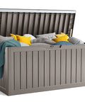 90 Gallon Resin Deck Box With Locking Lid For Outdoor Storage Of Furniture Cushions Tools And Gear Waterproof Patio Organizer Doubles As A Side Table Or Extra Seat Indoor Laundry Or Garden Tool Chest Grey open with cushions inside