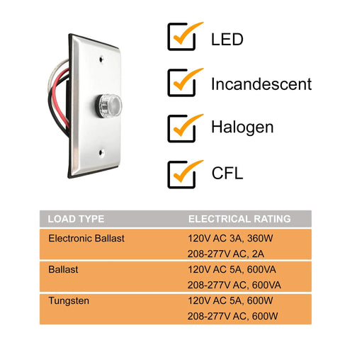 120V Dusk Till Dawn Outdoor Photocell Sensor With Wall Plate Included, compatible with LED, incandescent, halogen, and CFL lighting.