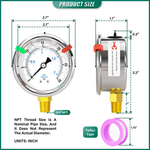Pro Grade Stainless Steel Liquid Filled Pressure Gauge 0-30 Psi, 2.5 Inch Dial, Lower Mount, with Teflon tape and side view