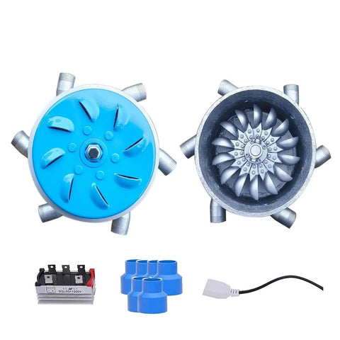 3kW 110V To 230V Hydroelectric Water Turbine Generator For Outdoor Rivers And Mountains Six Nozzle Direct Impact Turbine For High Power Portable Home Use Off Grid Ready 3500RPM, showing components including six nozzles and wiring accessories.
