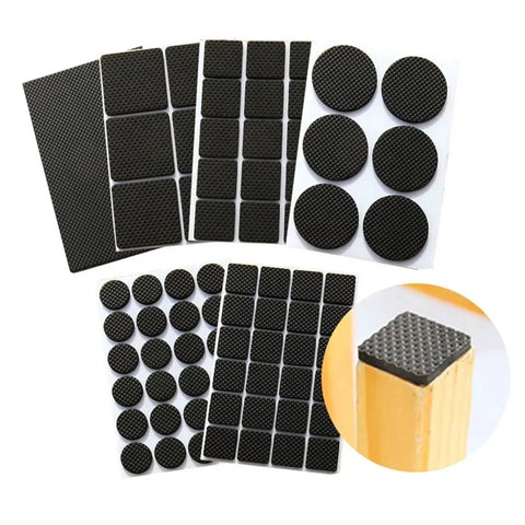 Self Adhesive Furniture Pads Set, 30 Pcs Rubber Feet Couch Stoppers shown in various shapes on a wooden furniture leg