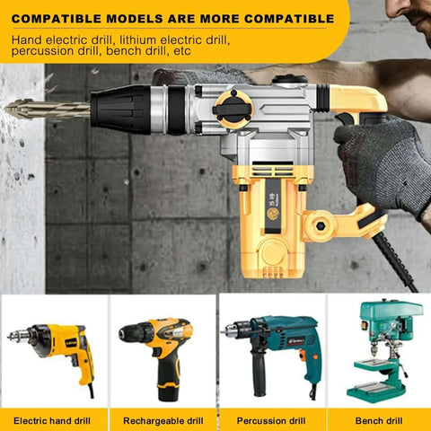 5-piece 4-tooth drill bit set with hex shanks (6/6/8/10/12 mm) for concrete, tile, glass, cast iron and wood; yellow cordless drill shown