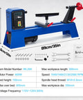 GarveeTech wood lathe WL500 benchtop lathe, blue with control panel, tailstock, and tool rest.
