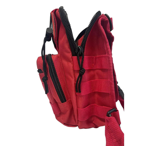 Ultra Slim EMS Medical Sling Bag For Onsite First Aid And Rapid Response with detailed zippers and compartments, rugged red design.