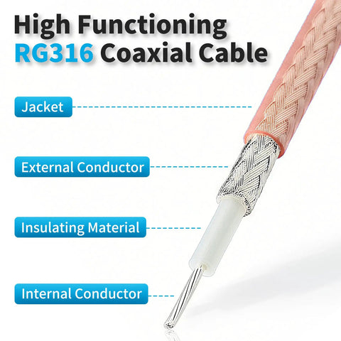 SMA Male To PL 259 Male Coax Cable 1 Foot RG316 50 Ohm Antenna Adapter cross-section showing construction and materials.