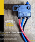 Kickass Ultra Subminiature Micro Switch Featuring A Pin Plunger Actuator And SPDT Layout viewed from the top with colored wire leads.