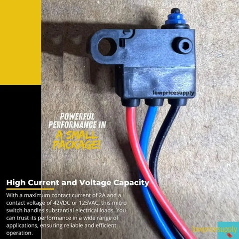 Kickass Ultra Subminiature Micro Switch Featuring A Pin Plunger Actuator And SPDT Layout viewed from the top with colored wire leads.