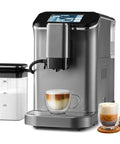 Fully Automatic Espresso Machine With Integrated Grinder And One Touch Milk Frother, grey finish, with milk container and coffee cups.
