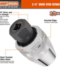 Three Eighths Inch Drive Damaged Bolt And Stud Extractor For Impact Wrenches, Pro Grade and Heavy Duty, close-up view.
