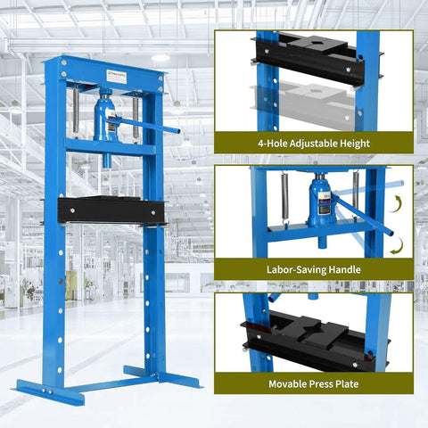 Heavy Duty 20 Ton H-Frame Hydraulic Shop Press with adjustable height and labor-saving handle for auto repair.