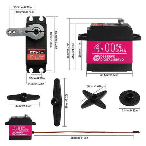 Dimensions and components of Beefy 40 Kg Digital RC Servo With Waterproof Full Metal Gear DS3240MG for RC crawlers and buggies