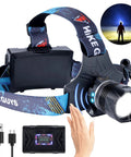 Ultra Bright LED Rechargeable Headlamp With 6 Modes IPX5 Weatherproof Motion Sensor with USB cable and beam at night