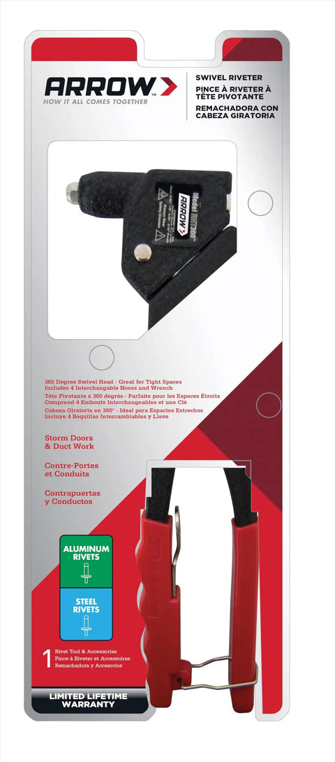One-Handed Swivel Rivet Tool For Metal Fabric Leather And Auto Repair Manual Riveter in packaging, red handle visible
