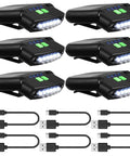 Set of six black LED clip-on cap lights with USB cables, featuring power level display, hands-free headlamp for night tasks.