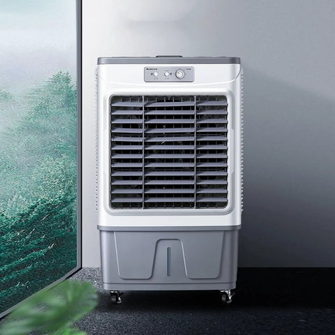 Kick Serious Sweat With This Hella Badass Evaporative Swamp Cooler Featuring Garden Hose Auto Fill 4800 Cfm 90 Swing And 8 Hour Timer For Patio Garage Commercial Cooling Chill, shown from the front with adjustable vents.