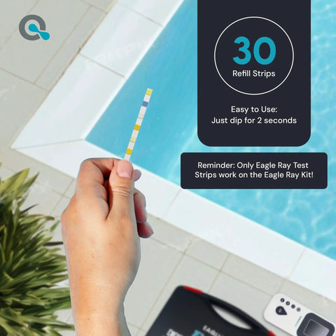 Hand holding a strip from Digital Pool Water Tester Kit With 30 Strips And Digital Reader For Total Chlorine Free Chlorine Bromine Total Hardness Cyanuric Acid Alkalinity And pH No Guesswork Easy Readouts by a pool