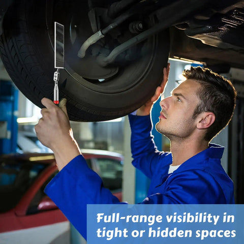 Mechanic using a Two Piece Telescoping Inspection Mirror Set with 360 Degree Swivel and Extendable Arm under a car.