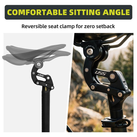 Smooth Ride Suspension Seatpost With Seven Diameter Options featuring reversible seat clamp for comfortable angle adjustment