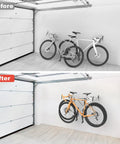 Wall Mounted Double Bike Rack Foldable For Two Bikes Space Saving Indoor Garage Storage Solution with Before and After view