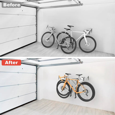 Wall Mounted Double Bike Rack Foldable For Two Bikes Space Saving Indoor Garage Storage Solution with Before and After view