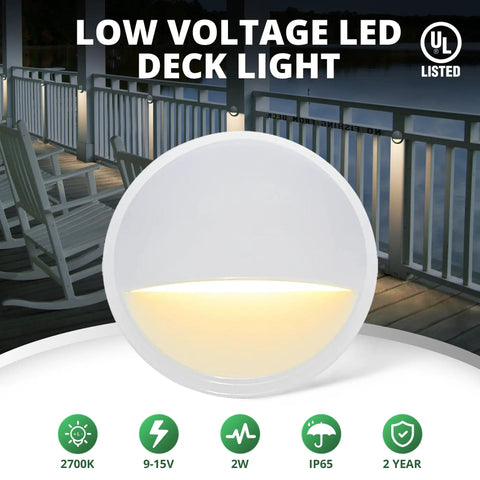 Low Voltage 12V Outdoor Landscape Deck Light Set, LED 2W Step Lights in Die Cast Aluminum With White Powder Coat, nighttime view