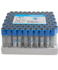 Veterinary Lab Vacuum Blood Collection Coagulation Tubes With Buffered Sodium, 2ml Capacity, Blue, 100pcs Pack, in plastic tray.
