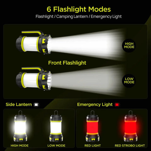 Rechargeable Camping Lantern And Flashlight With 6 Modes, 3000mAh Battery, IPX4 Waterproof, display of different light modes
