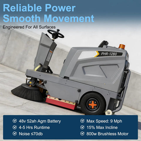 51 Inch Heavy Duty Ride On Industrial Floor Sweeper Machine For Warehouses With Solid Tires Hydraulic Brakes And Efficient Cleaning System To Keep Big Spaces Spotless And Tidy Without The Hassle Of Manual Mopping Or Brooming Daily