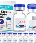 Sterile Empty Vials With Self-Healing Injection Port And Aluminum Plastic Cap Pack Of 10, 2mL Clear Glass Vials For Lab Use, Sterile Packaging, Leak-Free Seal, Ready For Precise Dose Handling. 2mL clear glass lab vial pack with blue caps and box