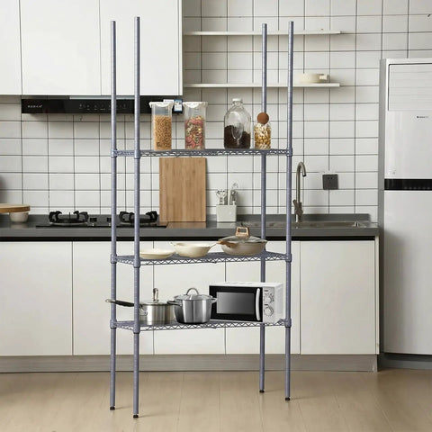 4 Pack 74 Inch Wire Shelving Post Set With Eight Heavy Duty Chrome Pole Sections And Fifty Shelf Clips For 1 Inch Wire Shelving Racks In Black Finish Garage Ready For Garages Warehouses And Retail Backrooms in kitchen setup