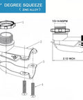 Diagram of 90-degree zinc alloy squeeze fitting for Half Inch Flexible Steel Electrical Conduit Kit, showing dimensions and parts.