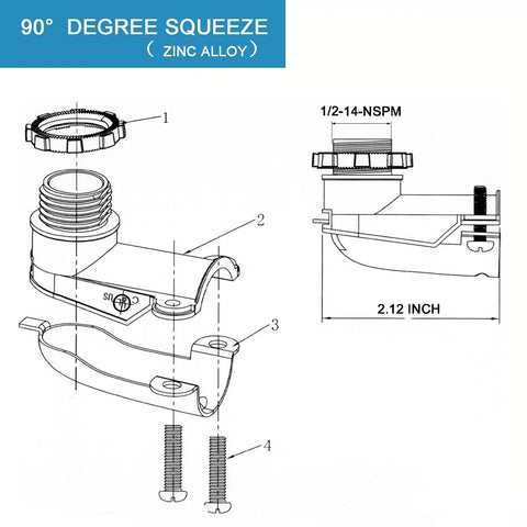 Diagram of 90-degree zinc alloy squeeze fitting for Half Inch Flexible Steel Electrical Conduit Kit, showing dimensions and parts.