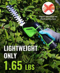 Person using 12V Cordless Grass Shear And Hedge Trimmer 2 In 1 Electric Tool in garden, highlighting lightweight design, 1.65 lbs.