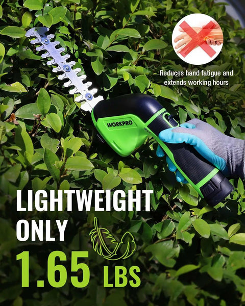 Person using 12V Cordless Grass Shear And Hedge Trimmer 2 In 1 Electric Tool in garden, highlighting lightweight design, 1.65 lbs.