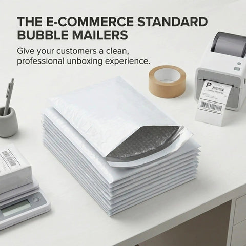 Stack of Bubble Mailers 6 Point 5 By 10 Self Seal Padded Envelopes White 250 Pack on a desk with packaging tools