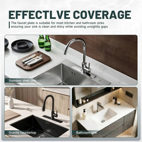 Matte Black Faucet Plate 10 Inch Long Rectangle Sink Hole Cover For 1 Or 3 Hole Faucets in modern kitchen and bathroom setups
