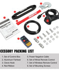 Accessory packing list for Huge 13500 Lb Electric Winch, including control box, cables, remote, and hardware.