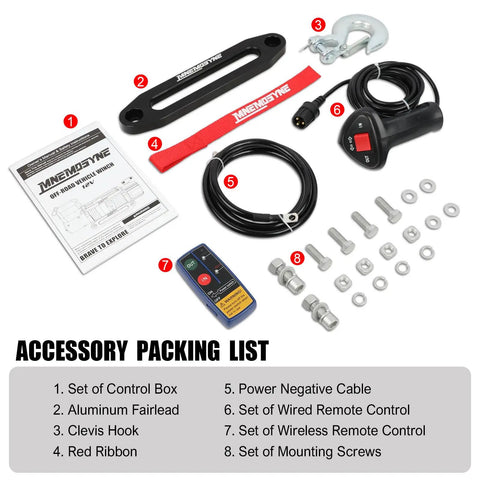 Accessory packing list for Huge 13500 Lb Electric Winch, including control box, cables, remote, and hardware.