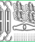 Heavy Duty 304 Stainless Steel Shade Sail Hardware Kit For 6 Inch Installations Compatible With Rectangle And Triangle Canopies Ideal For Deck Garden Lawn And Patio Outdoor Shade Sails showing turnbuckles, pad eyes, carabiners, screws and plugs