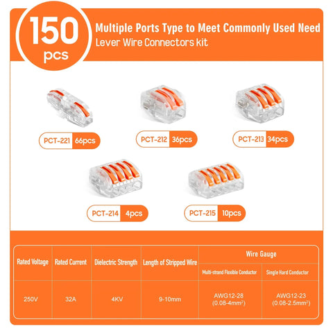 Lever Wire Nut Connectors Kit With 150 Pieces For 2 To 5 Conductors, detailed product specifications displayed.