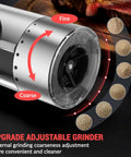 Salt And Pepper Grinder Set With External Coarseness Adjustment, 95ml Large Capacity Auto Pepper Mill With USB C Charging Base And LED Light, Stainless Steel Spice Grinder, 2 Piece Kitchen Gadget showing adjustment dial.
