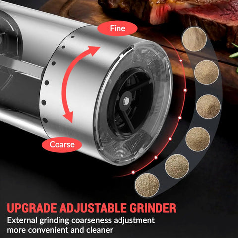 Salt And Pepper Grinder Set With External Coarseness Adjustment, 95ml Large Capacity Auto Pepper Mill With USB C Charging Base And LED Light, Stainless Steel Spice Grinder, 2 Piece Kitchen Gadget showing adjustment dial.
