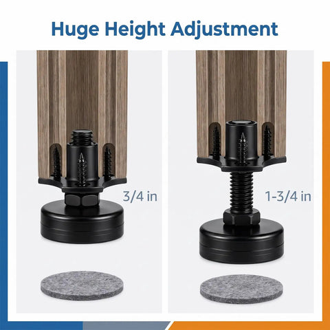 4 Pack 3/8-16 Thread Adjustable Furniture Leveling Feet For Uneven Floors, Heavy Duty Leg Levelers, Easy Install For Chairs, Tables, Desks, Cabinets, Office Furniture, 1.75 Inch Steel Inserts. Black leveling foot with felt pad, 3/4 to 1-3/4 in adjustment