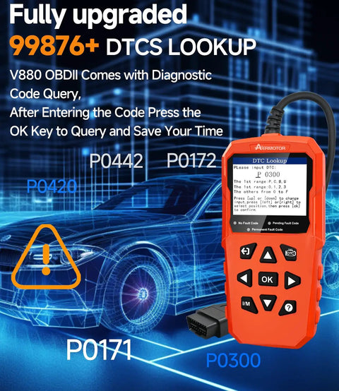 Pro Grade Car Diagnostic Tool With Live Data And Freeze Frame All In One OBD II Scan Tool displaying DTCs and car illustration