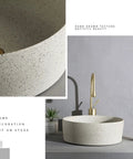 Straight Up Premium Round Porcelain Vessel Sink 15.7 Inch Above Counter with unique texture and modern gold faucet.