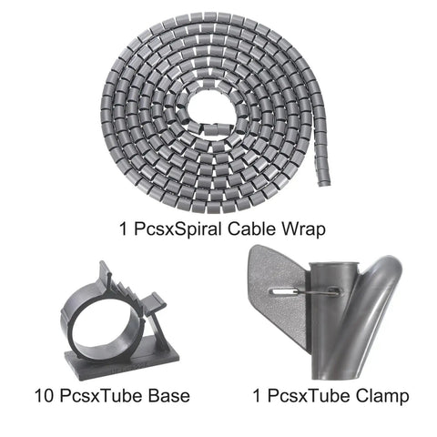 Tube Wrap Cable Kit With Management Cover, 5M Length, 16mm Size, PE Flexible Grey components shown: spiral wrap, clamp, bases