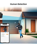 8ch POE Outdoor Security Camera Surveillance NVR Kit Featuring 6MP Dual Lens IP Cameras monitoring human in front of house.